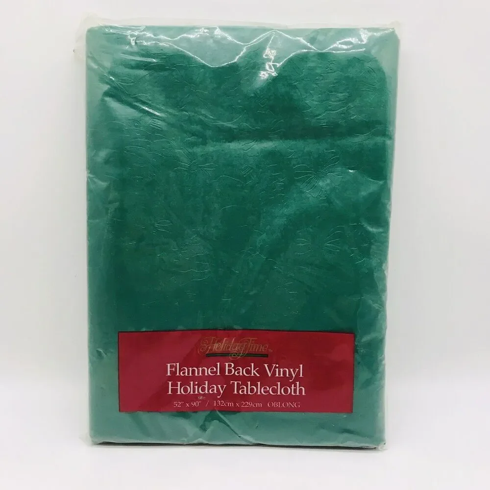 NEW Holiday Time Green Christmas Tablecloth Flannel Back Vinyl 52 x 90